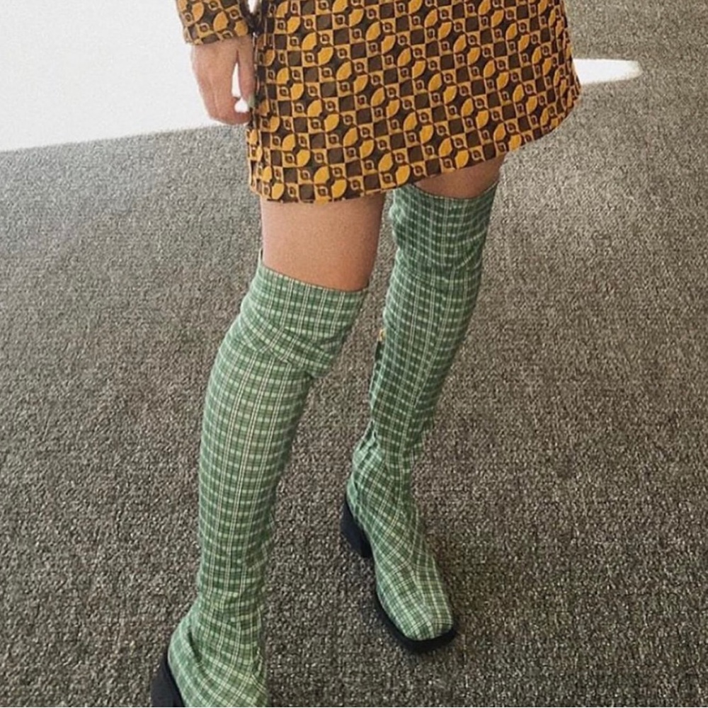 Suzanne Rae green plaid over-the-knee boots
